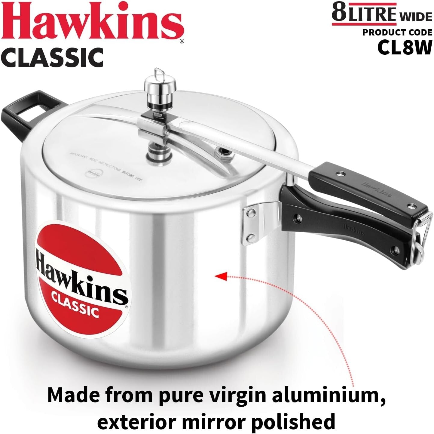 Hawkins Classic Pressure Cooker Jumbo, 8 Litre Capacity  Free Shipping